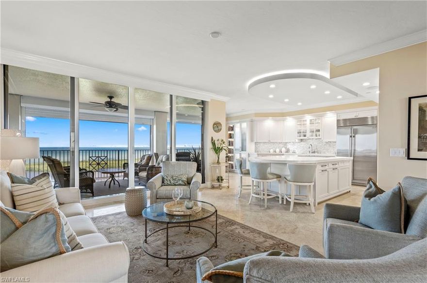 Best location in Pelican Bay main tram no transfer! Come see this beautifully appointed condo with amazing gulf and golf course views from sunrise to sunset with 2700 sq. feet under air, 3 bedrooms plus den, 3 full baths with an open floor plan!. Enjoy this amazing recently remodeled high end masterfully designed kitchen with island, bar with cooktop, cabinets underneath, quartz counter tops, stainless steel appliances, some cabinets and pantry with glass fronts and illuminated lighting. Marble flooring through out main living areas, large open air terrace, built in bar with wine cooler, built in desk, window coverings, electric shutters, 2 deeded side by side parking spaces, 2 guest suites and more. Cap Ferrat is a luxury building sitting in Crown Colony gated complex with a beautiful private pool area, fitness room, library, parlor, cascading waterfall through lobby. Walk or take the Pelican bay beach tram Right outside your building no transfer go to north or south beach with lounge chairs, umbrellas and your private Pelican Bay restaurants. Close to waterside shops and restaurants, fifth ave, park shore and more!
Furnished excluding artwork ask for detailed inventory.