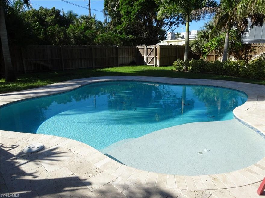 Lovely Florida Cottage with amazing tropical garden and (new) pool area.  Conveniently located close to Olde Naples, local shops, the beaches and restaurants.  This home offers 3 bedrooms, 2 bathrooms, a glassed-in lanai room, a lovely patio area off the dining room with tropical landscaping and a great kitchen with new appliances (2012).   Seller has further enhanced the home with a new roof and a new water heater in 2014.  This home has a wide driveway, extra storage/parking, a fenced in back yard, Terrazzo floors in main areas of the home and lots of potential.  Truly a wonderful oasis to make your own or great rental home.