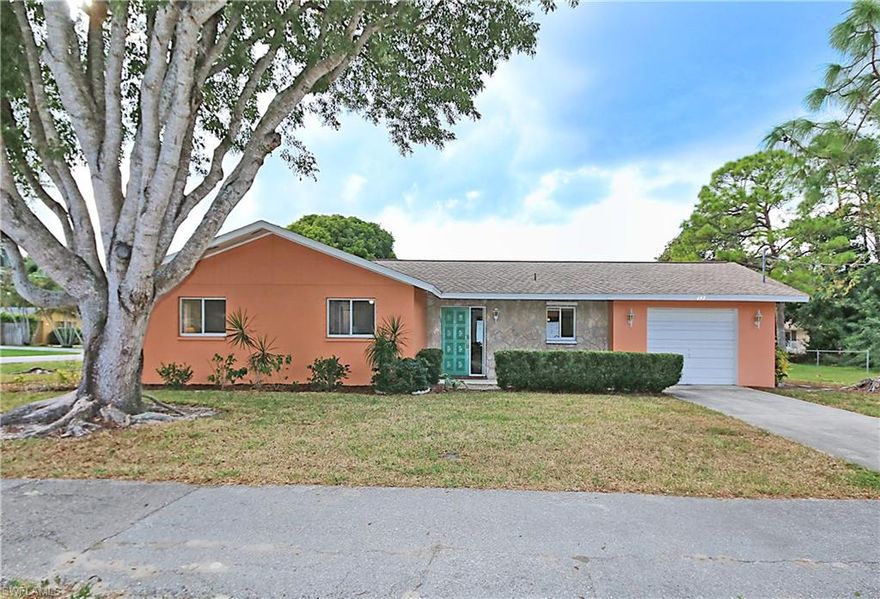 Bike, swim, paddleboard, fish, shop, dine or play. There is something for everyone in this great Naples Park location. Bike to the beach in 5 minutes! Oversized corner lot with room for a pool in the 600 block. The back of the house faces west. Well-maintained 3 bedroom, 2 bath, open floor plan home with a one-car garage. All living areas are tiled. New windows were installed in 2005. This convenient location is close to Southwest Florida white sandy beaches, Mercato, The Pavilion, Publix, Granada Shops and Trader’s Joes.