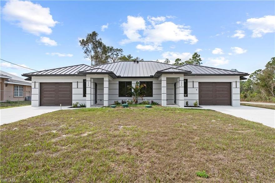 This brand-new construction duplex in the growing community of Lehigh Acres features two identical units, each offering 3 bedrooms, 2 bathrooms, and a 1-car garage. Each unit provides approximately 1,200 square feet of well-designed living space, thoughtfully built for comfort, functionality, and long-term value.

Both units come fully equipped with brand-new stainless-steel appliances, including a washer, dryer, microwave, refrigerator, dishwasher, and oven—making the property completely move-in ready.

The home is constructed with impact-resistant doors and windows throughout, providing enhanced safety, energy efficiency, and peace of mind. Interior finishes feature large-format porcelain tile flooring throughout the living areas, along with porcelain-tiled shower walls that create a modern, elegant look while remaining durable and easy to maintain.

This property is perfect for a first-time homebuyer who wants to live in one unit while renting the other, or for an investor seeking to rent both units. With strong rental demand in the area, the duplex offers excellent income potential, with projected rental income of at least $2,000 per unit per month.

A rare opportunity to own a newly built, low-maintenance duplex offering flexibility, durability, and strong income potential.