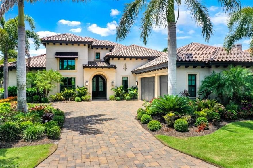 Striking Waterfront Living. Canal views & lush landscaping provide the backdrop for an extraordinary
resort lifestyle in the magical peninsula enclave of Salerno at Miromar. This Control4 fully automated SMART home was thoughtfully designed with an open concept plan that refines indoor/outdoor entertaining. Custom-
built and distinctively appointed by Arthur Rutenburg with 3 bedrooms, 3.5 baths, a home office, a HUGE game room and a very impressive laundry room. Interiors flow seamlessly to the deluxe exterior through zero corner sliding doors. Dine alfresco by the grand pool, relax in the spa, or escape by boat from your private dock and take in the beauty of 700 acres of freshwater lakes. Presenting a top line sparking gourmet kitchen with top of the line appliances featuring 2 tone cabinetry, breakfast island with ample seating, a wine cellar to inspire great meals with a pairing and a walk-in pantry with second refridgerator. Classic meets contemporary at Via Salerno. Vaulted ceilings and stylish finishes join with modern convenience. A grand estate dream home, just steps from the marina, sheltered within the gates of the award-winning amenity rich community of Miromar Lakes.