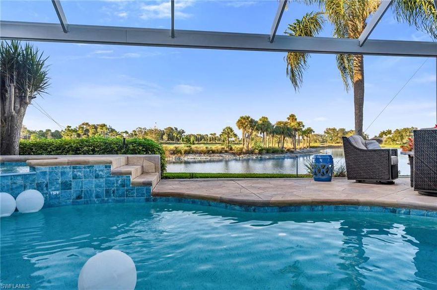 Stunning water and golf course views in the famous Vineyards!  This Arthur Rutenberg beautiful, quality-built home has soaring ceilings and an abundance of windows to bathe the home in light.  The Great room with formal dining has a light wood plank Porcelain tile for a fresh modern look, a built in bar area, and it's open to lanai and loft above. The kitchen has gorgeous grey/cream quartzite natural stone, stainless appliances, great storage, island seating and a dinette. Large laundry room off the kitchen has a utility tub and folding area with more storage. The spacious Primary bedroom with ensuite on first floor has a slider that opens to pool, another first floor bedroom/ Office with bath is perfect for guest suite.  On the second level there are 2 more bedrooms, a full bath and a den for private guest living. Great storage room as well The fire pit area is the perfect spot for spectacular Naples sunsets. 

The Vineyards has two, 18-hole golf courses, and are among the most amazing courses in Naples.  Palo Verde is a gated community of 43 homes close to hospital, grocery store, great restaurants 

Roof 2021, Pool redone in 2022, HVAC 2023  New exterior lights  Furniture is negotiable

Its the perfect place to relax, entertain, watch the wildlife, read a book or dance around the kitchen!   Amazing flora and fauna... Herons, Eagles, bougainvillea and Birds of Paradise surround you. Welcome to your new home!