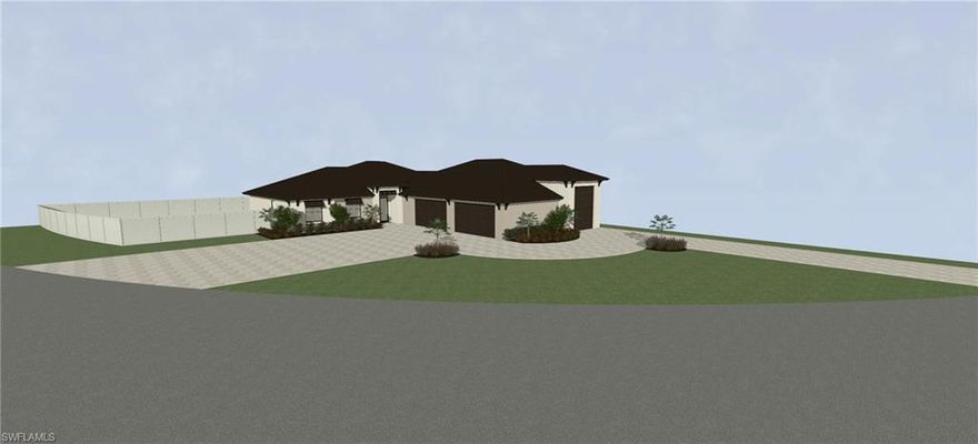 Spacious .34-acre pie-shaped lot in a quiet SW Cape Coral neighborhood, located across the street from Gulf access homes. Close to parks, schools, and shopping, with convenient access off Surfside Blvd. and Gleason Pkwy., near Oasis schools. This oversized property offers desirable southern or western exposure, perfect for enjoying sunsets. Plenty of room for a large custom home with options for an attached or detached RV/boat garage while still maintaining a generous yard. All city assessments are paid, and per the City of Cape Coral, there are no burrowing owls or gopher tortoises on site. Photos include a 3D model example of a home design with a four-car garage and RV garage for inspiration. Survey is available