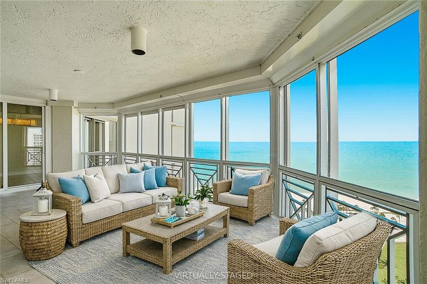 Experience breathtaking panoramic views from this 19th floor residence in The Brittany, one of Park Shore’s most prestigious beachfront condominiums, where sweeping Gulf horizons, tranquil Bay waters, and sparkling city lights create a picturesque coastal backdrop from sunrise to sunset. Encompassing 2,500 square feet of living space with three bedrooms plus a den and three full baths, the generous floor plan offers expansive living and dining areas that flow effortlessly to a wide sunset facing lanai, where warm Gulf breezes and endless sunsets set the stage for unforgettable evenings and effortless entertaining. The spacious primary suite features a walk-in closet, dual vanities, and a separate soaking tub and shower, while dual balconies capture multiple vantage points of the surrounding water and skyline. Additional highlights include two deeded parking spaces, electric hurricane shutters, and zoned air conditioning. Residents of The Brittany enjoy an exceptional array of resort style amenities including a beachfront pool and spa, private beach access, a well-equipped fitness center, tennis courts, social card room, guest suites, and 24-hour security. All just moments from Venetian Village and within easy reach of Waterside Shops, Artis Naples, Mercato, 5th Avenue South, and 3rd Street South. This is a rare opportunity to secure space, elevation, and extraordinary views in one of Naples’ most sought after beachfront addresses.
