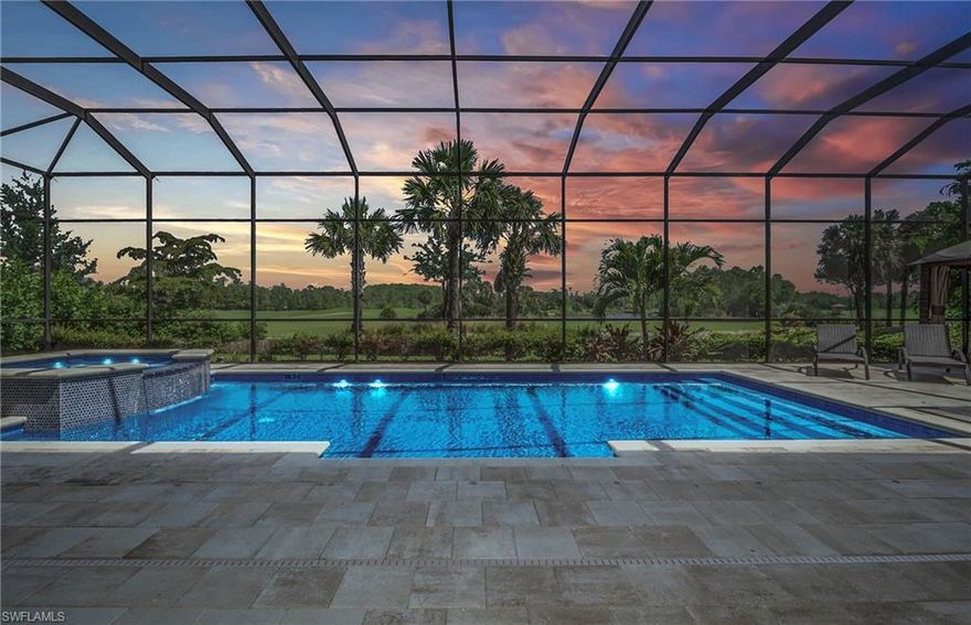 Exceptional Prior Model Estate Home with plenty of room for family life & entertaining with over with 5 bedrooms plus a Den, 5.5 bathrooms & wide-open floor plan with 10-foot pocket sliding doors opening the living area to the expansive outdoor area. Live the perfect Florida lifestyle on the screened, covered lanai with full outdoor kitchen, pool & spa overlooking the landscaped golf course & lake. The large kitchen opens up to the living area & features quartz counter tops, double oven, huge center island w/breakfast bar & separate breakfast area. Master wing of the residence features an exterior rated door to the semi-attached guest suite, currently used as a home office, plus a golf cart garage. The master suite offers his/hers custom closets, freestanding soaking tub, glass walk-in shower, and adjoining wing w/additional bathroom & bedroom currently used as an office/den. All the modern features you want – luxury, neutral finishes, designer lighting, coffered ceilings & impact windows & doors. Renaissance is located in the Heart of Ft. Myers with 500 acres of exquisitely landscaped grounds and home to an Arthur Hills Championship Golf Course. Low Fees & optional Golf.