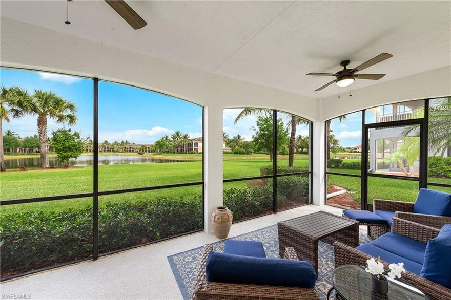 Welcome to Sonoma at Fiddler's Creek and this lovely first-floor, lakefront condominium that shows like a model and is move-in ready. The sun-filled, freshly painted interior boasts 24-inch tile on the diagonal, hardwood floors, crown molding and brand-new Robb & Stucky furniture that is negotiable. Entertain with ease in the spacious great room with an adjacent formal dining area, well-appointed eat-in kitchen with breakfast bar, granite countertops, stainless steel appliances, tile backsplash and 42-inch maple cabinets. Unwind in the luxurious master suite featuring dual walk-in closets, private lanai access via glass sliders, en-suite bath with dual sink/vanity, tile shower and separate soaking tub. Two additional bedrooms on a split floor plan have a full bath for your guests' privacy. Enjoy tranquil lake views while sipping morning coffee or evening drinks on your lanai. Impact-resistant windows and doors for peace of mind. Fiddler's Creek offers world-class amenities that include a clubhouse, fitness center, resort-style pool, pickleball, tennis, plus fine and casual dining options. Optional beach, boating and golf memberships are available.