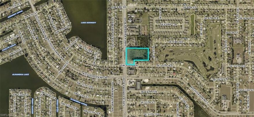 Rare find, hard to find larger zoned commercial corner site in centralized high growth area of Cape Coral.  This 5.36 acre corner is just north of Nicholas Parkway with 466' of frontage on Santa Barbara Boulevard.  The seller has a full set of plans for 48,586 SF of retail space on 4.5 acres of the site.  The plans would need updating.  The remainder of the site would be the 38,076 SF corner of SE 10TH Street which would hold approximately another 9,000 SF of retail space.  The seller also has approved SWFL water management plans for the site.  Due to the surrounding uses the site would also be a good fit for medical usage.  City water, sewer, and irrigation are available and all assessments are paid in full.