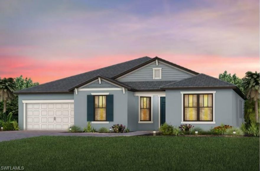 New Construction home situated on a lake with western exposure! The Reverence floor plan boasts a grand gathering room, built for entertaining guests, an optional den, and spacious storage areas. Quartz countertops, white 42" cabinets, porcelain floor tile, volume ceilings and 8 foot doors throughout. Spacious Gathering Room with tray ceiling, Kitchen with island, and entertainment center with walk-in pantry.  Large Owners Suite with dropped tray and walk in Super Shower, plus two additional bedrooms with a Jack and Jill style bathroom. Optional pool bath! Golf cart-garage!  Ready TBD 2024. Del Webb Naples is an active adult community located within the picturesque, master-planned community of Ave Maria. Boasting 18-holes golf course, an onsite Lifestyle Director and resort-style amenities, your days can be filled with as much or as little activity as you'd like. This is new construction in an age 55+ Del Webb community. The streets are gated and the clubhouses are built. Golf membership is optional. Photos are for illustration purposes only, options may vary.