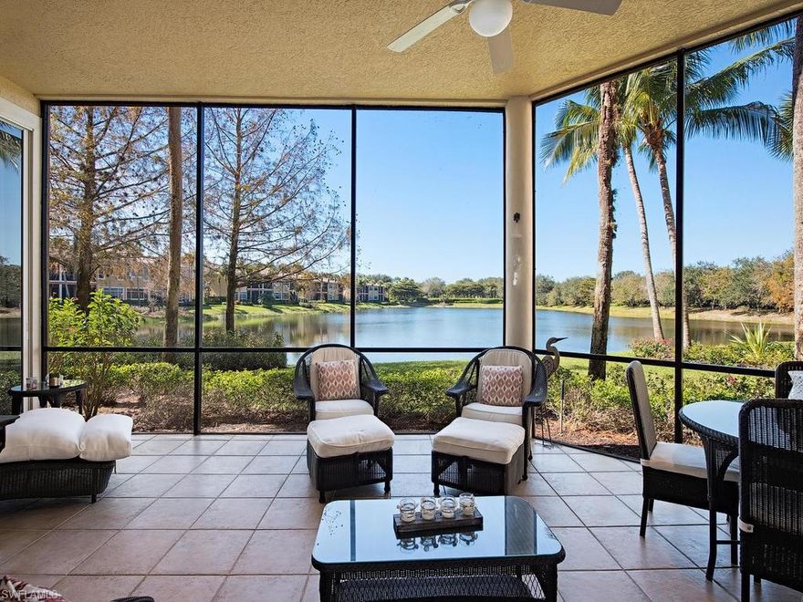 FULL GOLF MEMBERSHIP AVAILABILITY INSTANTLY WITH THIS RESALE!! This delightful first floor coach home is move in ready! Enter this fully furnished coach home through the grand foyer that leads to the spacious great room boasting expansive windows and stacking slider doors for magnificent relaxing views overlooking the sparkling lake. This three bedroom plus den home has tile throughout the main living areas, carpet in the three comfortable bedrooms, plantation shutters, arched passageways and volume ceilings with crown molding throughout. The open kitchen and adjacent breakfast nook feature upgraded granite, a tumbled marble backsplash with marble inlay and rich wood cabinetry.The master suite inspires comfort with his and her’s walk in closets, direct access to the screened lanai, and dual sinks, large soaking tub and separate shower are found in the master bath. Enjoy the magnificent Naples sunsets from the western exposure screened lanai overlooking the serene private lake. Relax in the community tropical pool and spa, or take advantage of the private Golf and Sports Membership featuring Two Tom Fazio courses, fitness center, pool/spa, tennis facility, and private beach club.