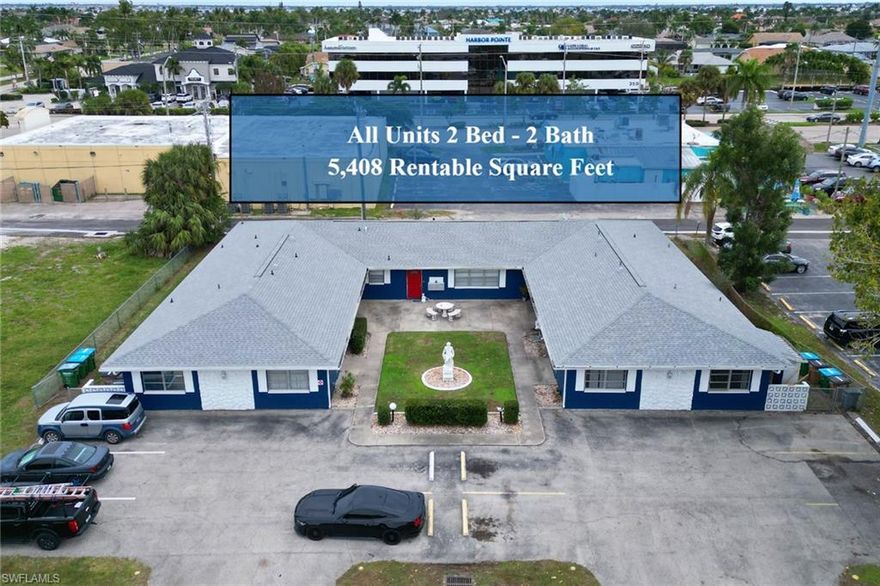 Don’t miss this lucrative investment opportunity located in scenic Cape Coral. This multifamily 5-unit property, totaling 5408 square feet with all 2 bedrooms and 2 bathrooms, each spacious unit boasts over 1000 square feet with washer dryer hook ups and landlord-provided appliances, this property offers comfortable living spaces for residents.  Recently outfitted with a brand-new roof in 2023, the property offers the convenience of separate water and electric meters to each unit for maximum cash flow. With its ideal location outside of a flood zone and well-appointed units, this property presents a wonderful opportunity for investors seeking a thriving multifamily investment in Cape Coral.