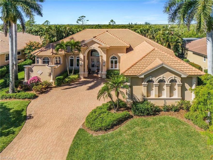 Welcome to your fully reimagined residence in the highly sought-after Shadow Wood Preserve community, where luxury living meets natural beauty. Perfectly positioned overlooking the picturesque 15th fairway with a desirable western exposure, this stunning Harbourside custom home offers breathtaking sunsets and has been completely renovated and is move-in ready. Offering over 3,300 square feet under air, this spacious 4 bedroom, 4.5 bath home features soaring 12 foot ceilings and a flowing open floor plan designed for both everyday living and entertaining. The heart of the home is the beautifully updated kitchen, now equipped with a premium Bosch appliance package, induction cooktop, and clean, sophisticated finishes throughout. The expansive primary suite is a true retreat, featuring a luxurious bath and generous space, while each additional bedroom offers comfort and privacy for family and guests. Recent improvements include a roof replacement in 2020, along with a full interior renovation that brings this home back to life with a fresh, contemporary feel. Step outside to your private outdoor oasis, complete with a large custom pool and spa featuring both electric and solar heating, recently replaced in 2025, along with an outdoor kitchen and sweeping golf course views, ideal for relaxing or entertaining in true Southwest Florida style. Additional highlights include a 3 car garage, ample storage with built-in cabinetry, and furnishings that are negotiable for a seamless move-in opportunity. Located within the gates of Shadow Wood Preserve, residents enjoy access to a serene setting with walking trails, kayaking, canoeing, and optional membership opportunities at Shadow Wood Country Club, featuring 54 holes of championship golf, tennis, and an active social lifestyle. This is a rare opportunity to own a fully renovated custom home with exceptional upgrades, sunset views, and premier golf course frontage in one of Fort Myers’ most desirable communities.