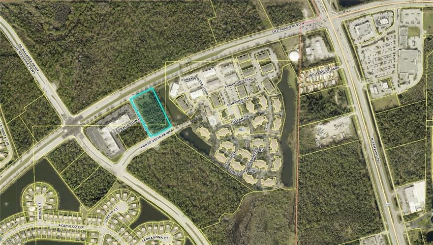 This property is located at the gateway entrance to Cape Coral, FL known as ’Entrada”.  Corner property on Del Prado Blvd. with 3 road frontages, located just West of US 41.  The site has been approved for development.  New large residential communities and  developments are being built (over 3,000 units).  Excellent opportunities for a bank, medical offices,  professional offices, etc.  PHASE I Environmental Study has been done and WETLAND Study has been completed with excellent reports and no issues.