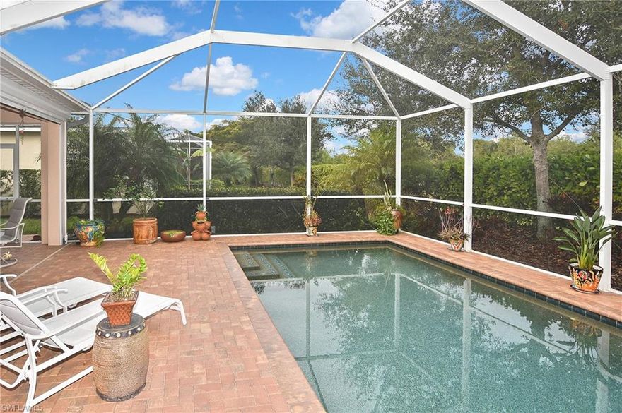 Welcome to this original-owner, meticulously maintained heated saltwater pool home ideally situated on a quiet cul-de-sac within the prestigious, resort-style community of Sandoval. This highly desirable Taylor Morrison Queen Palm floor plan is a 2 bed with a DEN large enough to be a bedroom and offers an exceptional blend of refined elegance, comfort, and functionality. The home has been thoughtfully upgraded to include a durable metal roof with a tile profile, with a 50-year transferable warranty, accordion hurricane shutters, an electric roll-down hurricane shutter on the expansive lanai, sealed pavers in both the front and rear, epoxy-coated garage flooring, 42" kitchen cabinetry, a decorative glass entry door, and a stunning PebbleTec heated saltwater pool. Inside, the open-concept design is enhanced by tray ceilings and abundant natural light, creating a bright and sophisticated living environment. The spacious living and dining areas flow seamlessly into the well-appointed kitchen featuring updated appliances, ideal for both everyday living and elegant entertaining. Tile flooring extends throughout the home, offering timeless style and effortless maintenance. The owner’s suite provides a serene private retreat with a generous walk-in closet, dual vanities, and an oversized walk-in shower designed for relaxation. Enjoy tranquil mornings and sunset evenings from the screened lanai overlooking the private pool, framed by lush, mature landscaping that enhances both privacy and curb appeal. This home is NOT in a Flood Zone for added peace of mind. Sandoval is renowned for its luxury lifestyle and unmatched amenities, including a resort-style pool, fishing pier, two dog parks, playground, bocce ball, pickleball, volleyball, basketball, and tennis courts. This exceptional, move-in-ready home offers the perfect opportunity to experience upscale Florida living at its finest.