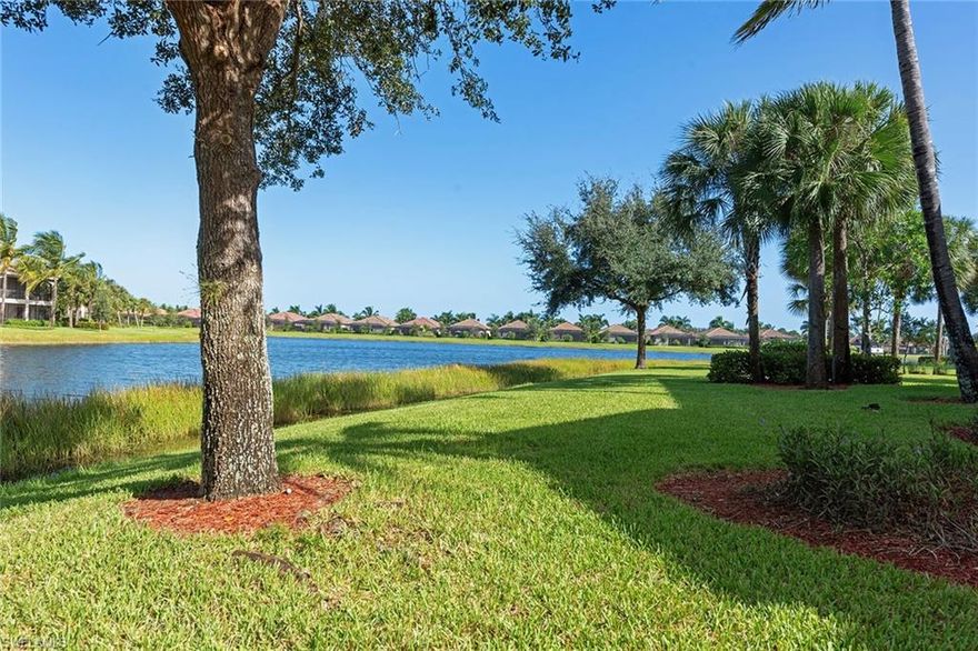 Perfectly located on a cul-de-sac in the Serena neighborhood of the award-winning, Fiddler's Creek gated community. Beautiful 1st floor, 3-bedroom+den/3-bath lakefront coach home with lovely water views, new roof, welcoming courtyard entrance & inviting, Dahlia floor plan. Offered turnkey-furnished, home is bright with abundant natural light. The living room flows seamlessly to the kitchen & family room via arched doorways for easy entertaining. The well-appointed kitchen provides glazed Raffinati cabinets, pantry, GE appliances, coveted gas cooking, tile floor & breakfast nook. The master suite boasts a walk-in closet, lake views & private access to the screened-in lanai, plus en-suite with dual sinks, cultured marble vanity countertops, tiled shower & separate soaking tub. Split floor plan with 2 bedrooms & 2 full baths for your guests' privacy. Soak in the sun on the spacious, screened-in lanai w/western exposure & enjoy gorgeous sunsets & tranquil, long lake views. Additional features include newly-painted exterior, manual panel shutters & 2-car garage w/epoxy floor. Community amenities include resort-style pool w/waterfall, tennis, pickleball, fine & casual dining & day spa.