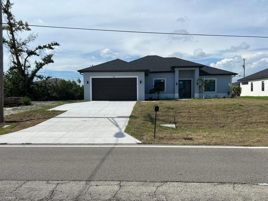Rent Florence 2 car garage model in desirable Cape Coral. 4 beds, 3 baths, 2,794 sqft total, 2,015 sqft A/C on 10k sqft lot. An open layout integrates the kitchen, living, and dining areas. Quartz island, white cabinetry, nickel fixtures, stainless steel appliances. High ceilings, solid doors. Bedrooms with closets, quartz countertops in bathrooms, and the kitchen. Private patio, 3-ton A/C system. Advanced septic tank and market-leading water filtration system. Ceiling fans, quality construction. Outdoor kitchen. Porcelain tile throughout the house. Hurricane windows, double front door. Don't miss out!