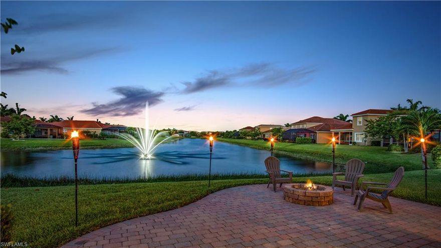 Welcome to the gated community of Lindsford. This pristinely maintained home sits on a pie shaped lot w/ incredible fountain lake views and wide backyard unlike any other lots in Lindsford. An extended fire pit patio complements a generously sized covered lanai. 3 bedrooms + den, and 2 full baths at just under 2,000 sq.ft. make this home an incredibly manageable size without compromising space or functionality. This home is highly upgraded and features soaring entryway tray ceilings, double crown in main living area, living room and master bedroom tray ceilings, plush new carpet pad and carpet, level 4 white cabinets, slate appliances, tile backsplash, granite countertops, a retractable front door screen, ceiling fans in all rooms, bathroom listello tile accents, additional can lighting and custom decorative wall framing in the living room, laundry room w/ sink and cabinets, freshly power washed roof, metal hurricane shutters, and 4 pre-wired security cams. Lindsford is a very active community w/ activity calendar, resort style pool + hot tub, clubhouse, tennis, basketball, bocce ball, and more. 25 min from SWFL Intl Airport and 30 min from the beach. Photos are virtually staged.