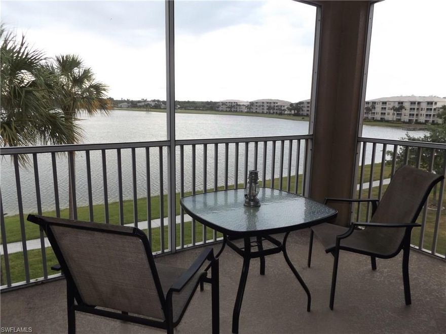 All water views on 3rd floor of condo in Heritage Palms with eastern exposure and views of both golf courses. Fountain in the middle of lake just outside of main clubhouse is beautiful to look at. This 1200 SF Brookside floor plan has two bedrooms, two full baths and laundry in hallway closet with exterior storage closet right outside condo door. Interior features include raised panel cabinets in kitchen, clean neutral tile and carpet, crown molding in living/dining/kitchen. Heritage Palms is a premier community offering golf and tennis at bundled rates. Heritage Palms boasts TWO 18-hole Azinger/Lewis golf courses and TWO onsite restaurants. Additional amenities include; golf pro shop, tennis courts and tennis shop, fitness center, clubhouse, two pools with spas, Lodge/Tiki bar, fishing pier, basketball, play area and bocce ball, golf leagues, tennis leagues, bocce ball, cards, poker, fitness director, scheduled classes, trips, cruises, activities, sports clinics and entertainment at both clubhouses. Very active, bundled golf/tennis community with reasonable fees.