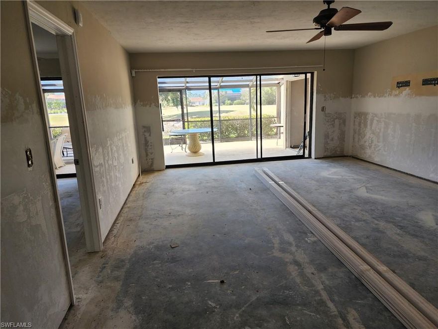 Flood damaged and sold  AS IS.   The condo is on the golf course and offers 3 bedrooms and 2 bathrooms with a large lanai.  It has been remediated and has new drywall