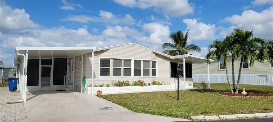 MOVE- IN "TURNKEY" READY  in sunny Southwest Florida! Gulf access community has a private boat ramp for residents. Only 6 min. to Estero Bay! This home offers an open floor plan, vaulted ceilings. updated kitchen, island with bar stools, pantry & storage. Plus a convenient computer workstation. Large inviting Florida room ideal for entertaining, card games or just relaxing & reading a book. Master bedroom has double closets, vaulted ceilings, master bath with dual sinks and double vanities, separate commode and shower area for privacy. Twin beds in the guest room. Outside screened area is perfect for enjoying the warm Florida weather and outdoor living, grill included, views across the street are of the natural waterway of Spring Creek. Clubhouse, planned activities, pool, hot tub/spa, tennis, pickle ball, boccie ball, shuffleboard, basketball, lake, fishing pier, kayaks, boat storage, community boat ramp with Gulf access in 12 minutes via New Pass at Lovers Key State Park. Estero Bay offers fishing, beaches, shelling, dolphin watching, waterfront restaurants, and tropical sunsets at New Pass then return home from the Gulf in 12 min. Great location!!!!