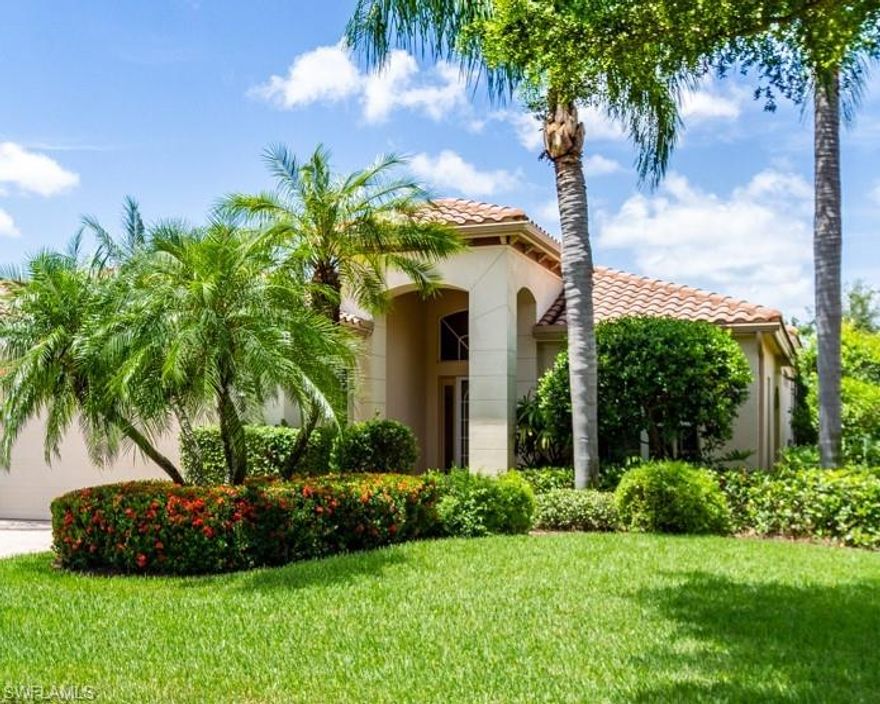 This former model home features countless builder's upgrades and is being sold "turnkey."
The updated 3 bedroom / 2 bath home with den, formal dining room and two car garage features upgraded kitchen cabinets, tumbled rock back splash, a kitchen island, double oven; wine storage and granite counter tops. The living areas were recently painted as were the kitchen cabinets.
The den/study features a double door entry, 40" high chair rail, wood flooring on a diagonal and built in cabinetry that makes this space the perfect place for relaxing, reading or working. 
The screened lanai overlooking the beautiful Vasari Golf Course features lush mature landscaping, a heated pool and raised spa, pool deck, and a covered dining area.  The air conditioning was replaced in 2016. The master bath retreat includes a large tub, frameless shower enclosure and a tumbled marble shower floor.