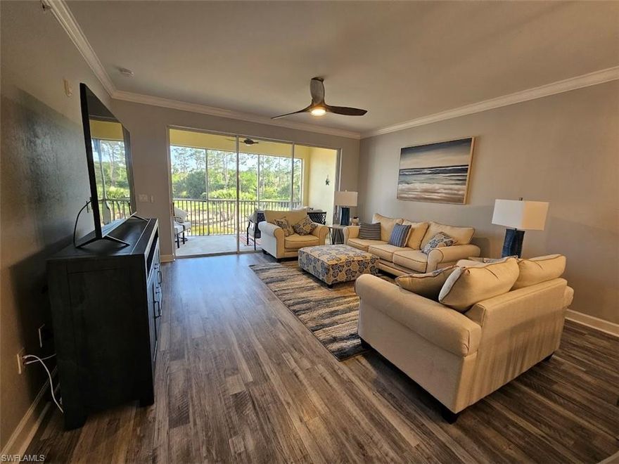 Available Now! Your home away from home. Gorgeous newly renovated screened and tiled lanai overlooking beautiful serene lake and golf course. Turnkey 2 Gorgeous Bedrooms 2 Bathroom condo. Everything and more for your relaxing vacation rental you could need or want. Just bring your toothbrush and your bathing suit. Extra large kitchen with tons of cabinets and stainless steel appliances, marble counter tops subway tile backsplash and stone ledger breakfast bar , and coffee bar makes you feel warm and comforting. Dining area with hang down pendent lighting. Comforting open bright living room with 3 pocket sliders leading onto tiled lanai with separate door to master bedroom. Master bedroom, Kitchen, dining, living area and lanai all overlooking the beautiful serene lake and golf course. Wood plank flooring throughout. Large Master Bedroom in back of unit so you wont be disturbed by your guest or anyone walking past the unit. Bedroom has lake view, King bed, tray ceiling, & large walk in closet and door to lanai, Newly updated master bathroom has his/her sinks, marble counter tops and step in shower. Guest bedroom has Queen bed and renovated guest bathroom has tub and marble sink countertop. Washer and dryer in residence. Pelican Preserve offers 70,000 sq ft. Town Center offering 2 outdoor pools, indoor lap pool & walking track, pickleball, tennis, spa, fitness center, 2 restaurants, craft, sewing & woodworking room, billiards room, theater, exercise classes bingo nights, card rooms, outside amphitheater, nature walk with preserve boardwalk, & more. Rentals under 6 months include electric w/cap, cable & internet, tenant to pay 11.5% tax Available May - November $2200 per month plus taxes and fees. Utilities Included. Lease for 6+ Months no taxes required December 2025 or April 2026 $5000 per month plus taxes and fees. Utilities Included.