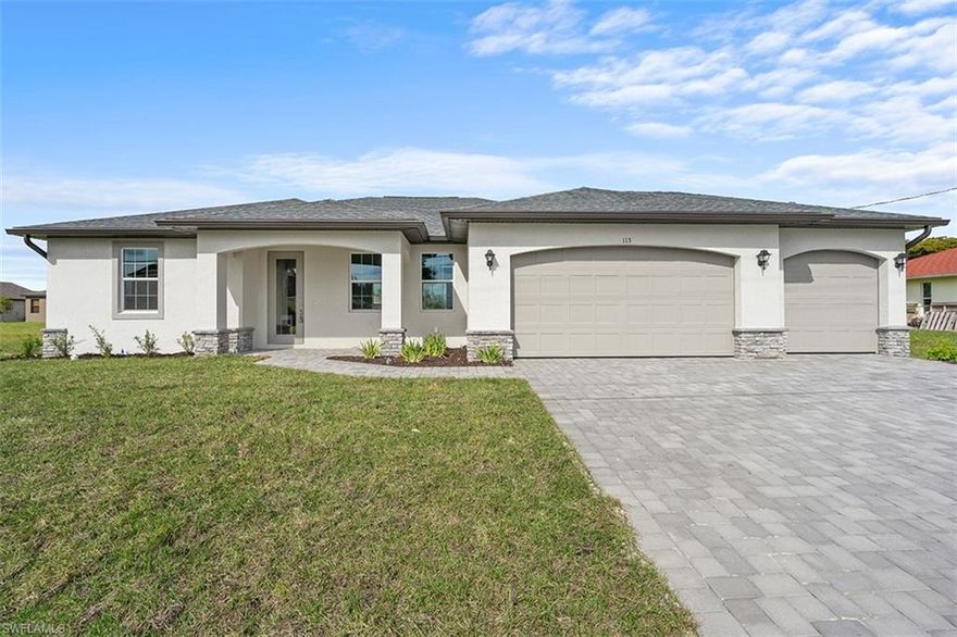 New construction! Come see our "Grand St. Augustine" floor plan. Beautiful 4 bedroom home with 3-Car garage in SW Cape Coral. Home includes a 1 yr warranty and a 10 year structural warranty! Open floor plan with 9'4" ceilings and 10' Trays.  Also featuring a center island kitchen and 8 foot doors throughout. Spacious living room leads to large covered lanai to enjoy the SW Florida lifestyle! Features Include: Concrete Block Construction and Wood Frame Interior, Under Truss Lanai, Lenox 14 Seer high efficiency AC system, Moen plumbing fixtures, Dimensional Shingles, PGT Low E Insulated windows, cabinets with soft close doors, Granite Counters in Kitchen and Bathrooms, Stainless Steel Kitchen appliance package, colonial style raised panel doors, Electric garage door opener, 18" tile flooring in main living areas , Stone Accents on front elevation of the home, irrigation system, epoxy coated garage floors. Pictures shown are of a completed home and features may differ. You will not find another new construction home at this price with this quality of construction!
