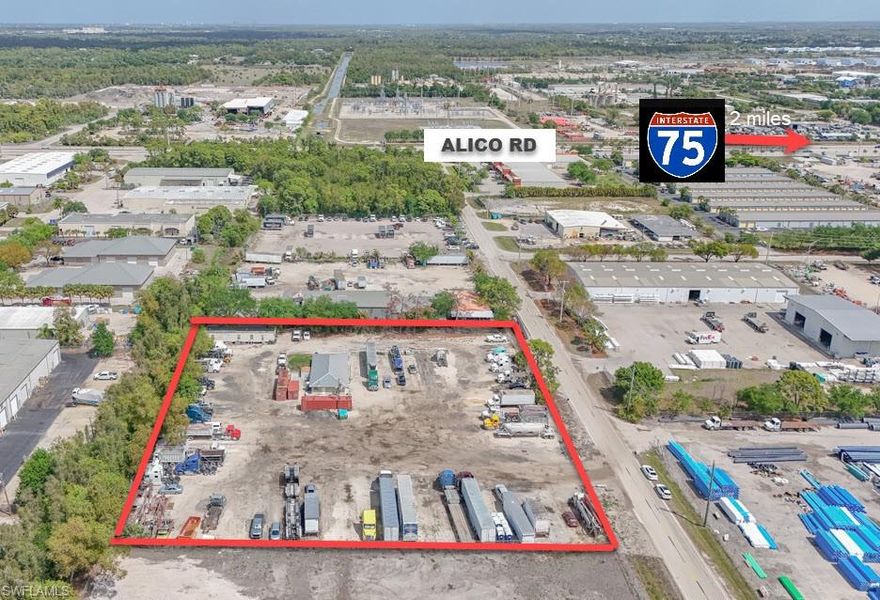 Open storage industrial lot for lease right off Alico Road west of I-75 Exit 128.  2.34 acres with 1400 sq ft air conditioned building on the property.  Easy access to I-75 and US 41.  Store construction materials, vehicles, semis, trucks, equipment, supplies.