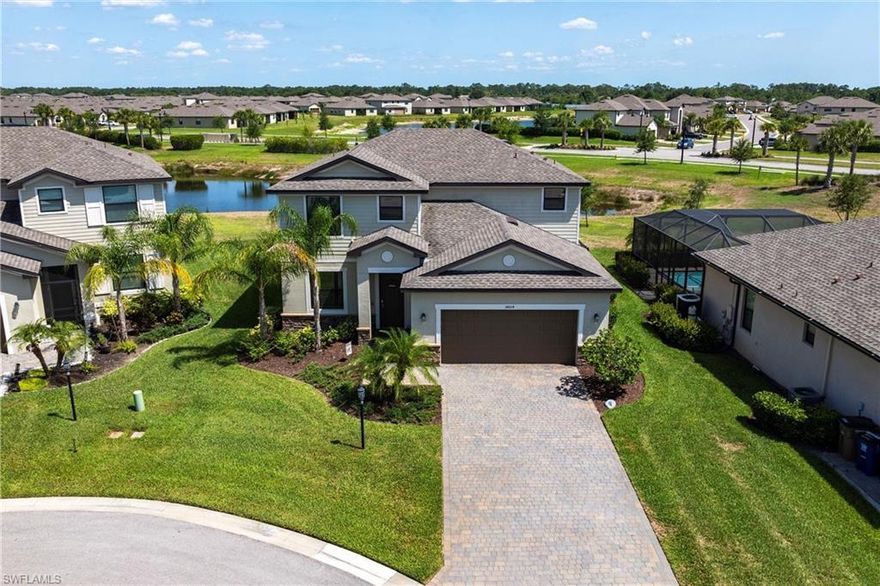 STUNNING POOL HOME W/LAKE VIEW + FULLY FENCED-IN BACKYARD! OVERSIZED LOT, DESIRABLE CUL-DU-SAC LOCATION! Welcome to effortless Florida living in this Amalfi model by Lennar, perfectly situated in the highly sought-after Portico community of Fort Myers.
This spacious, beautifully designed smart home blends modern comfort with timeless style, offering an open and inviting layout, ideal for both everyday living and entertaining. Natural light fills the living spaces, highlighting the thoughtful finishes and seamless indoor-outdoor flow. This amazing residence spans over 2,600 square feet of living space under A/C (4 BEDROOMS + DEN + LOFT, 3 BATHROOMS, 2-CAR GARAGE). The first floor has an open layout w/great room, kitchen, den (currently used as office, could also be a formal dining room) and one bedroom w/adjacent full bathroom. The gourmet kitchen is a chef's dream, feat. white cabinets, stainless-steel appliances, sleek granite countertops, a large island w/breakfast bar and a pantry. On the second floor, you’ll find a versatile loft space, ideal for a play area or a home office, the spacious owner’s suite w/large walk-in closet, owner’s bathroom w/dual sinks and walk-in shower, two additional bedrooms offering flexibility for guests or a hobby room and one more full bathroom. Step outside to your private oasis, where a sparkling pool invites you to relax, unwind, and soak up the Southwest Florida sunshine. The fully fenced-in backyard provides added privacy and peace of mind—perfect for pets, play, or hosting weekend gatherings. Further upgrades of this amazing home include beautiful tile flooring in all living areas on the first floor and in all bathrooms, upgraded carpet in all bedrooms and loft (installed 2024), custom paint throughout the house and on lanai (2024), crown molding, designer light fixtures and ceiling fans, epoxy garage floor + more. Washer and Dryer are also included! Located in a vibrant, amenity-rich community with convenient access to shopping, dining, and major roadways, this home delivers the best of comfort, convenience, and lifestyle!
NO FLOOD INSURANCE REQUIRED! PORTICO is a highly sought-after, access-controlled community w/Low HOA fees. Residents enjoy resort-style amenities, including a clubhouse, community pool, gym, yoga/exercise room, tennis, pickleball, basketball + play area. Pets, Fences & LSVs permitted!