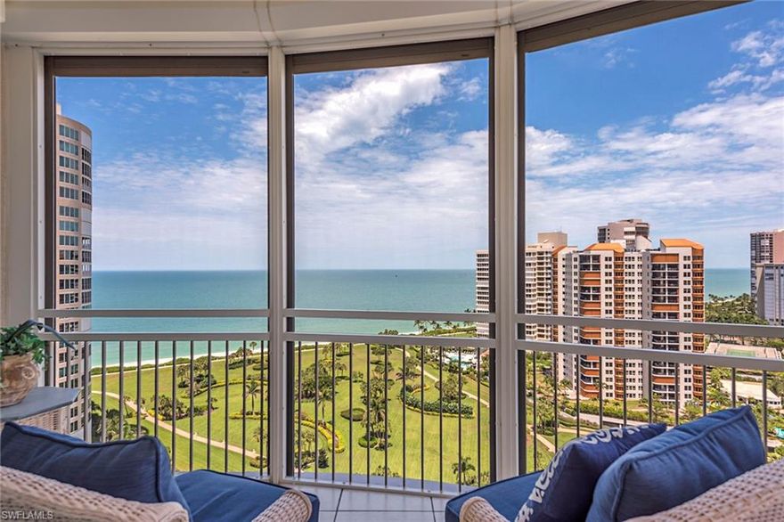 Top of the Tier! Gulf of Mexico views greet you as you enter this 4 bedroom, 4 and one half bath residence encompassing over 3,700 square feet of living area. This home flows effortlessly with a large living and dining space, open kitchen with casual dining and family room plus two screened lanais. Provence specifications include 10 foot ceilings, 8 foot doors, ample storage and impact windows. Building amenities include 24 hour front desk attendant, social room, fitness room, tennis court, pool and spa, guest suites, 2 parking spaces and more. Located directly across from The Village on Venetian Bay, restaurants and shops are steps away. Park Shore homeowners may lease or purchase boat dock located across the street.