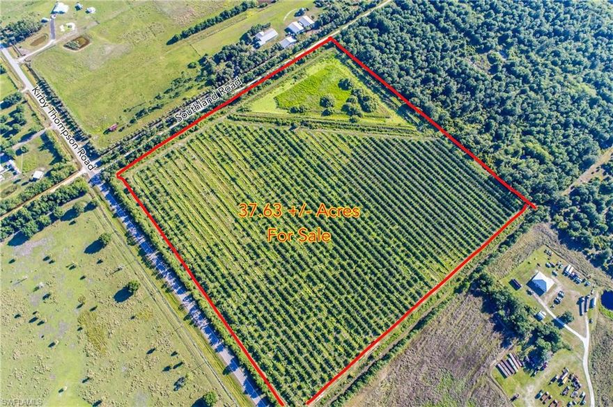 LOCATED ON THE HENDRY/GLADES COUNTY LINE ON PAVED KIRBY THOMPSON ROAD AND SHELL-GRADE SOUTHLAND ROAD, THIS 37.63 ACRE TRACT IS AN EQUESTRIAN, COWBOY’S OR FARMER’S DREAM! Currently in grove, this property is ready to be cleared to be your horse ranch, pasture, or farm with drainage and irrigation already in place including a grove retention area that game and birds love. Property is zoned Agricultural and features an agricultural exemption that keeps taxes at only $910.89. Property has two wells, one deep well with a 10hp pump and one shallow well. This location is only 5 miles from the Lee/Hendry County line for easy access into Fort Myers for work or play! Make this your private ranch with a driveway down the middle for your dream house and barn and pastures on both sides! Enjoy country living at its finest! Acreage is being scooped up! Give yourself room to breathe with acreage to call your own and no one breathing down your neck! YOU’LL BE REFRESHED BY THE LAND!