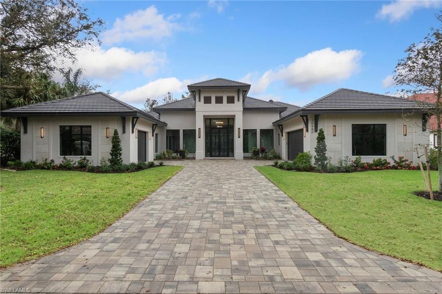 Welcome to your dream home in the prestigious Riverbrooke Neighborhood within West Bay Club. This luxurious new construction property is officially complete and move-in ready. The home boasts 4000+ Square Feet, 4 Bedrooms, 5.5 Bathrooms, a Study, and a split 3-car garage. This spacious open floor plan features specialty details including vaulted ceilings with wood beams in the Great Room/Kitchen and Master Bedroom. Tray ceiling in the Dining Room, tray ceilings with decorative wood beams in the Study, and  wood flooring throughout. The Kitchen features a double quartz island, a custom-designed butler’s pantry with a second dishwasher, wine cooler, and sink. Thermador stainless steel kitchen appliances and custom cabinetry with special accent lighting. The expansive 1,195 square feet outdoor living area features a fully equipped kitchen with a granite top, deluxe grill, sink, 2 refrigerator draws, and stainless-steel cabinet fronts. Designer Pool with “Pebble-Tec” Plaster Finish, Island Sun Area, Upgraded Glass Tile Inlay, Sunken Spa with Spillover, Gas Heater, Pentair Salt system with Pentair Controls, and Premium Marble Decking. Peace of mind storm protection with Sturdy CBS construction, Impact Rated Sliding Pocket Glass Doors, Casement Windows, and Wind resistant Screw Down Roof Tiles. Every part of this Ivy Model is exquisite with Florida Lifestyle Homes’ quality and attention to detail. West Bay Club amenities include a new private Beach Club on the Gulf of Mexico with restaurant/bar, plus chair and towel service. The newly renovated Bay House offers resort-style pool, Aqua Café poolside restaurant, 8 clay tennis courts, and Technogym state-of-the-art fitness center. West Bay’s River Park is on the Estero river and features a fishing pier, boat launch w/Gulf access, boat storage, kayaks/canoes, playground, basketball court, picnic areas, and 1.5 mile walking trail. The Sports Park offers residents 6 pickleball courts, fitness lawn, bocce courts, and 2 separate dog parks. Memberships are also available to the private 18-hole Pete and PB Dye golf course and clubhouse.