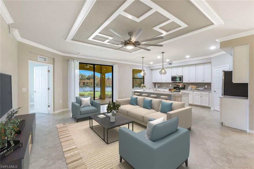 Experience Resort-Style Living in this Stunning Southern Exposure 1st-Floor Coach Home with Social Membership! Nestled in a coveted corner location with serene lake views on an oversized homesite, this 3-bedroom, 2-bath coach home offers a blend of elegance and comfort. Inside, an expansive split floor plan reveals a light-filled, open interior with custom ceiling moldings and modern trim detail in the living room, dining, and main bedroom. Enjoy the oversized lot and extra-long driveway for added privacy. The chef-inspired kitchen features a large island with quartz countertops, stainless steel appliances, and white cabinetry complemented by a subway tile backsplash a perfect space for family gatherings and entertaining. Crown molding and upgraded diagonally laid tile flooring add a luxurious feel throughout. The primary suite is a tranquil retreat, with walk-in closets, a spa-like en-suite bathroom, dual vanities, and a frameless glass walk-in shower. The home’s immaculate care is evident from the moment you enter. Two additional bedrooms share a stylishly appointed bathroom, ideal for family or guests. Relax on the expansive lanai with peaceful lake views and southeastern sunshine. Amenities include a lagoon-style pool with waterfall features, lap lanes, and poolside cabanas with food and beverage at your service in this resort atmosphere. The clubhouse offers both casual and fine dining. Stay active with a fitness center, yoga studio, 8 Har-Tru tennis courts, a highly rated Tennis Program, and seasonal golf for Social Members. Bonita National is a nature lover’s paradise, nestled by the Crews Conservation Preserve and minutes from I-75, dining, and the upcoming Midtown at Bonita, opening in 2025. This gated community offers an elevated lifestyle complete with an on-site bar and grill, full-service spa, and soon-to-come pickleball and bocce courts. Residents enjoy socializing within the community via golf carts. Ideally situated between Naples and Fort Myers with easy Gulf access, this home is a perfect full-time or seasonal sanctuary. Don’t miss this rare opportunity to embrace the Southwest Florida lifestyle!