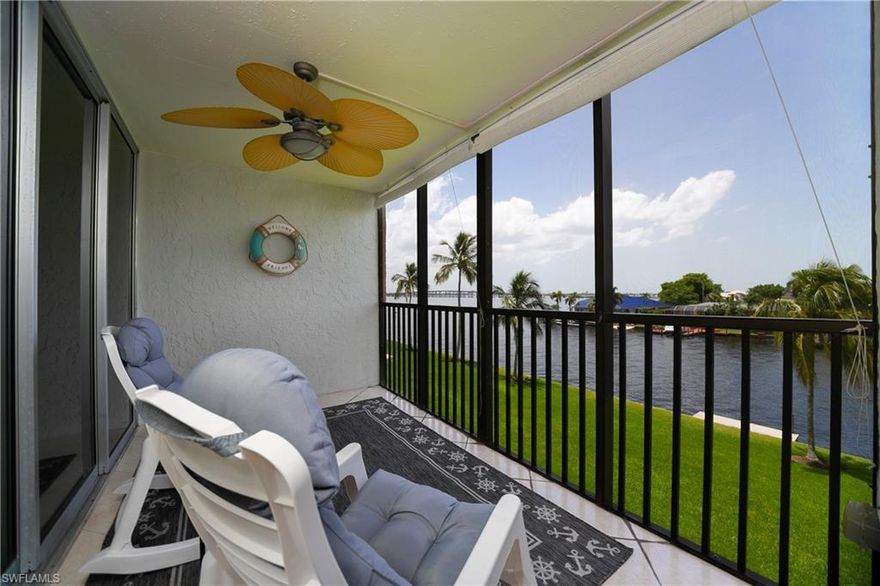 MOTIVATED SELLER! Gorgeous, waterfront condo with amazing Caloosahatchee River views from your master bedroom, living room, and balcony. Located on the third floor, you have a perfect sight of the Fort Myers skyline. This unit features a spacious owners suite with sliding glass doors leading to the balcony, in-unit laundry with BRAND NEW washer and dryer included, and stunning, large tile flooring. Take a swim in the riverside pool or head down to Jaycee Park which is within walking distance, offering a grilling area, a playground, and waterside trails. Only minutes to the Cape Coral city center, you have dining, live music, night life, shops, and more just a short distance away. River Towers Condo is a 55+ community, with boat dock space available on a first come, first serve basis. These units are housed in a block building with a metal roof, hosting an elevator; sorry NO pets allowed. The HOA includes water, trash, and sewer. Each unit is assigned a storage locker, this one being on ground level! CALL NOW for your private tour!