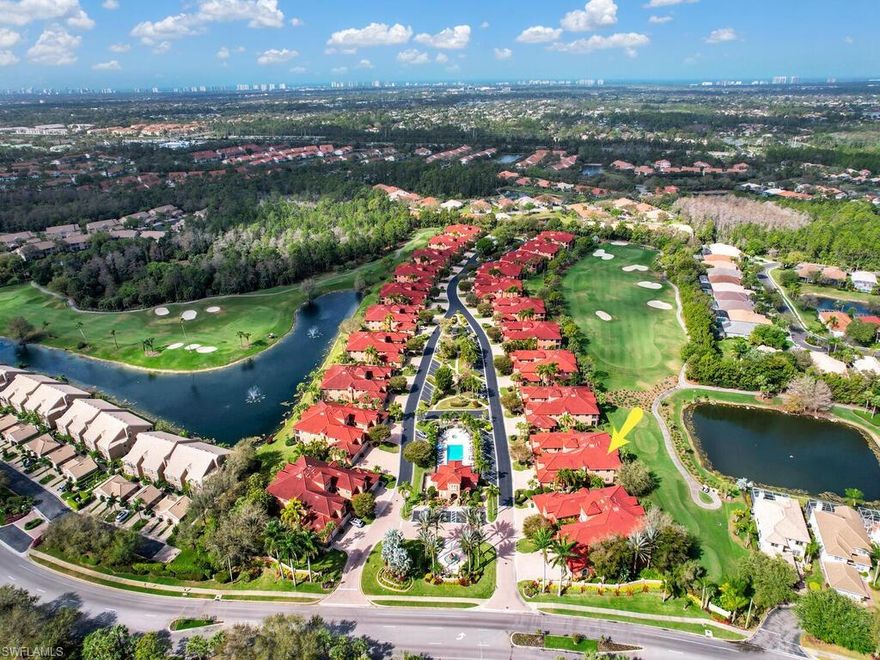 A beautiful condo in much sought after Grande Reserve at The Strand, a gated golf course & tennis community in North Naples is ready for you! Featuring both a golf course & lake view, this spacious second floor coach home includes a private elevator, 2 car attached garage, electric shutters and is fully furnished.   Enjoy watching the golfers on the large screened balcony.  Across the street is the community pool.  Extras include plantation shutters and an eat-in breakfast area in the kitchen. The den is currently used as a separate dining area (see the floorplan.)  The primary suite includes a walk in closet, dual sinks, soaking tub & large walk in shower. The OPEN FLOOR PLAN gives the feel of a single family home. The Club at the Strand, a private club offers 27 championship golf holes, designed by Gordon Lewis, Tennis Center & recently renovated Fitness Complex with state-of-the-art fitness equipment, 8 Har-Tru tennis courts & recently added 3 Pickleball courts, Bocce courts, a heated Jr. Olympic pool & Day Spa. Members enjoy casual & fine dining too! 25 minutes to Southwest Florida International Airport. Minutes from Gulf of Mexico beaches! Ask about special financing options!