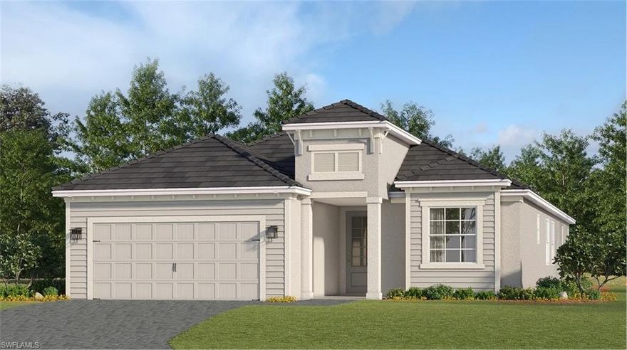 One or more photo(s) has been virtually staged, AI generated or rendered.  Sandy Key is a new community offering single-family homes located near top-rated schools, outdoor recreation, great dining and beautiful beaches in sunny Fort Myers, FL. This elegant single-story home incorporates a central open concept design and expansive covered lanai that make for easy entertaining. The front of the home consists of two bedrooms and a den that could be used as an additional bedroom. The owner’s suite with dual walk-in closets is nestled in the back. Prices, dimensions and features may vary and are subject to change. Photos are for illustrative purposes only. Estimated delivery date is May/June 2026.