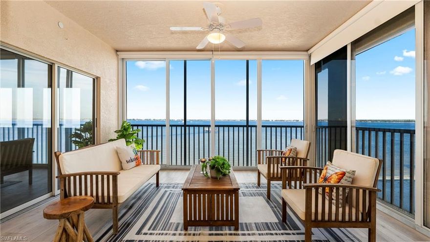 Welcome to Water’s Edge at Harbor Place, where refined waterfront living meets exceptional convenience. This stunning second-floor residence offers an open-concept floor plan with sweeping views of the Caloosahatchee River and unforgettable sunset vistas. A light-filled corner unit, the condo features three generously sized bedrooms and two well-appointed baths.
Thoughtfully updated, the interior was reconfigured to enhance flow and functionality, including the removal of select kitchen walls, the addition of custom storage, durable vinyl plank flooring throughout the main living areas, and brand-new carpet in the primary suite and secondary bedroom. A private, secure elevator opens directly into the unit, and the community itself is gated for added peace of mind.
Enjoy indoor-outdoor living with two private balconies, perfect for relaxing or entertaining. Residents also have access to resort-style amenities, including a community pool and spa, tennis courts, and available boat docks for those who enjoy life on the water. Ideally located just minutes from Fort Myers’ renowned Gulf beaches, Harbor Place offers a rare combination of luxury, lifestyle, and location. This is an exceptional opportunity to call one of the area’s most desirable waterfront communities home.