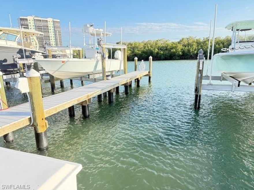 LOWEST PRICE -  North Naples Boat Slip for Sale! This boat slip measures 36 x 12.6. Wiggins Bay has all new docks, electric and water! You don't have to drive downtown anymore to store your boat - Imagine being a mile from the Gulf of Mexico, get out onto the water in no time and enjoy your day. Low marina fees include electricity, water, trash removal, and management company. Conveniently located off Wiggins Pass in a gated and secure community. Optional membership at the Tarpon Cove Yacht Club is available. Don't miss out on one of the best locations in North Naples.