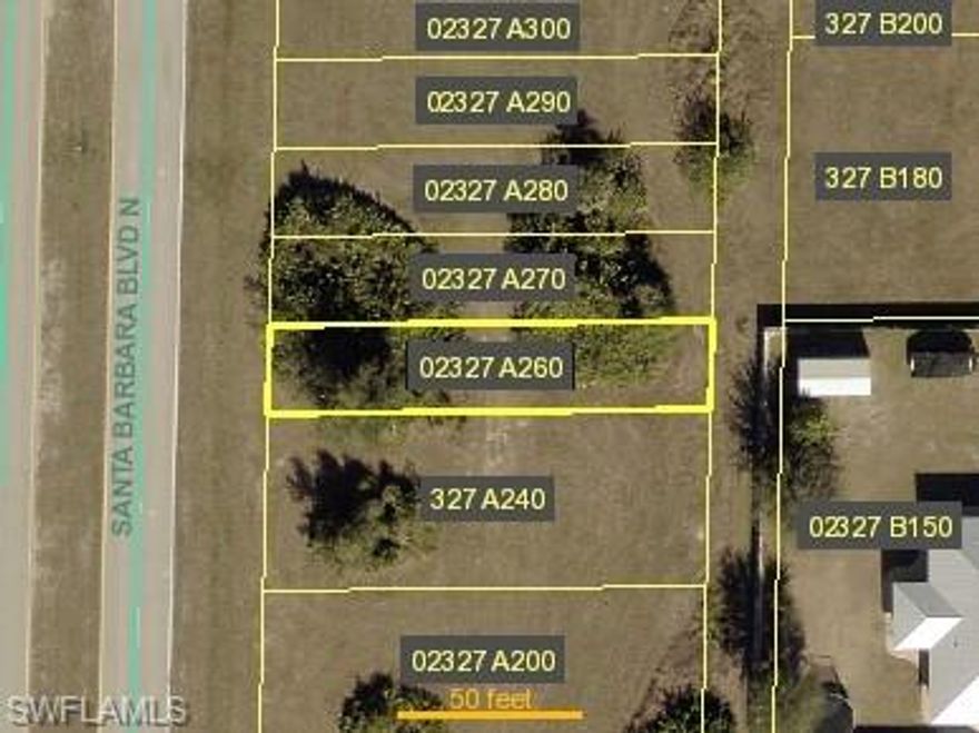 Great Commercial parcel  for future Building. 5 consecutive commercial lots for $29,900   5 contiguous commercial lots totaling approximately 125 x 125 (±15,680 SF / ±0.36 acres) with direct frontage on highly traveled Santa Barbara Blvd N in the growing North Cape Coral corridor. All 5 parcels are sold together as a package — Lots 26, 27, 28, 29 & 30, Block 2327A, Unit 36. Zoned C-1, Future Land Use designated Commercial Professional (CP). Not in a flood zone. No HOA. Cash only. APN's: 25-43-23-C1-02327.A260 through .A300.
This is a rare opportunity to acquire a contiguous 5-lot commercial assemblage on Santa Barbara Blvd — one of Cape Coral's primary north-south commercial corridors. With 125 feet of road frontage and ±125 feet of depth, the combined footprint is suitable for a small professional office building, medical or dental office, personal services facility, or long-term land bank position in one of Southwest Florida's fastest-growing cities.  Buyer to verify all utility availability, assessments, and permitted uses with the City of Cape Coral.
