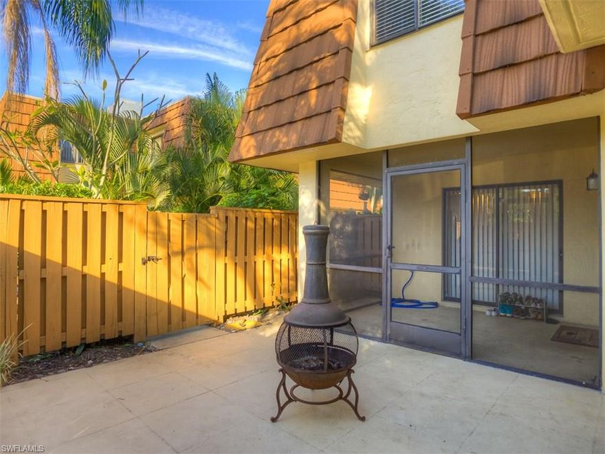 This large three bedroom, two and a half bathroom townhouse is in an excellent, central location just off of Summerlin and Boy Scout in Ft Myers. The first floor kitchen and living room each have sliding glass doors opening onto a private patio/courtyard. Master Bedroom has a balcony with a sliding glass door overlooking your partially screened in courtyard. Large closets in every room. The Community Pool is heated year round with new pool side furniture on the way. Newer refrigerator, range and microwave. This unit has two assigned parking spaces and guest parking as well. HOA Fee includes fence, roof, lawn care, exterior maintenance, irrigation, water sewer and insurance. Conveniently located for shopping, schools, dining, biking, airports, beaches and much more! Great floor plan maximizes square footage for an amazing feeling of openness and space. As a added bonus unit is centrally located and close to Tanglewood Elementary school and bike paths.  Come check it out today, this one won't last long!