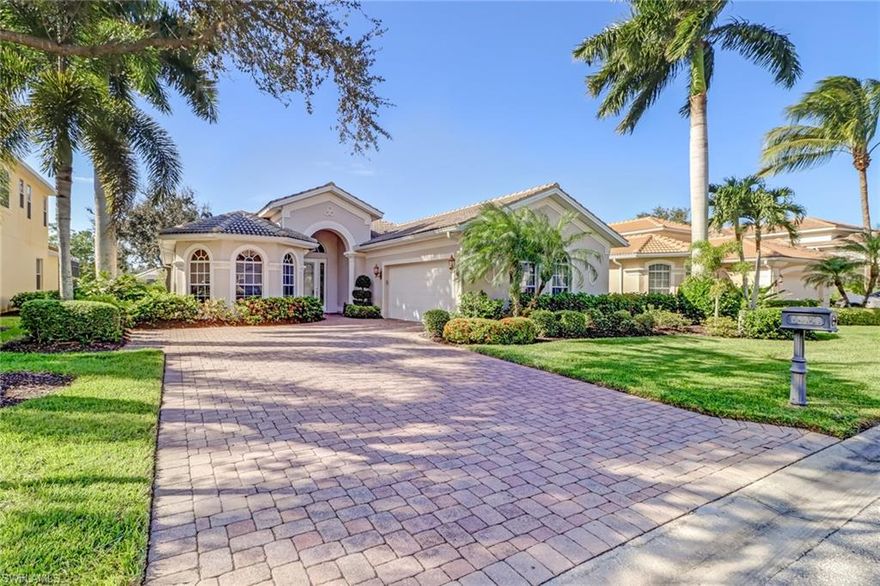 Exceptional Toll Brothers SALERNO VILLA home is located on a quiet cul-de-sac in the Bella Vita neighborhood of the Palmira community. This 3 bedroom + Study home features a wonderfully designed-for-living open floor plan, quality custom details throughout, lake & golf course views. Palmira offers a fabulous country club lifestyle with a broad range of amenities and sports activities. The spacious house interior features an elegant entry foyer with custom tile floor, crystal chandelier and powder room. Recently updated, the oversized great room has a 13ft high, doubled tray coffered ceiling, wainscot wall molding and glass doors opening onto an expansive 750 sq ft screened lanai with electric awning, perfect for outdoor living enjoyment and entertaining. The distinctive layout also includes a formal dining room with tray ceiling and fully equipped kitchen with stainless appliances, 42 inch custom cabinets, granite countertops and breakfast bar, pantry closet and sunny dining area with lovely outdoor view. All Palmira homeowners are members of the the community Renaissance Center (RCC) which has just undergone a $5 million renovation at no additional cost.