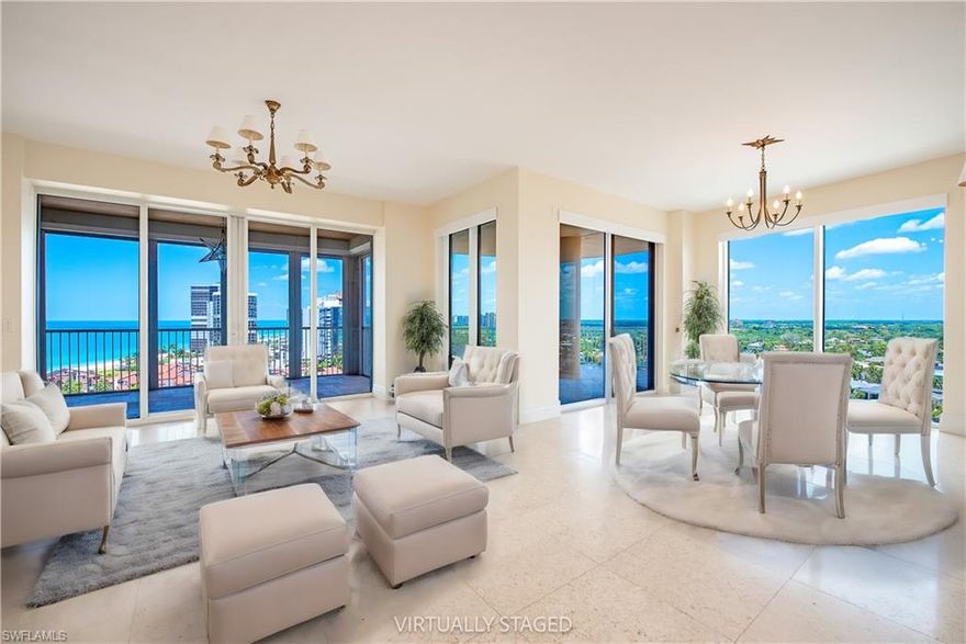 Experience unparalleled luxury in this 14th-floor residence nestled within the prestigious Aria, one of Park Shore's newest and most esteemed condominiums. Elevating your lifestyle to new heights, this opulent abode boasts unobstructed panoramic vistas of the Gulf, along with captivating views of the Bay and City nightscape. Spanning 3,272 square feet, this haven exudes sophistication with tasteful finishes and an abundance of natural light flooding every corner. Step into the spacious and functional kitchen, where high-end appliances, a wine refrigerator, and a stand-alone ice maker await your culinary endeavors. The adjacent family room, adorned with a cozy fireplace, sets the stage for unforgettable gatherings with loved ones. Retreat to the oasis of tranquility found in the primary suite, featuring his and hers walk-in closets, dual sinks, and a separate tub and shower for indulgent relaxation. This residence also boasts two deeded parking spaces for added convenience. Luxury meets functionality with electric hurricane shutters, surround sound speakers, zoned air conditioning, and multiple balconies offering optimal views of the surrounding beauty. Aria Condominium sets the standard for luxury beachfront living, offering an array of world-class amenities including a stunning lobby, social room, private beach access, fitness center, and tennis courts. With an on-site manager, 24-hour security, and concierge service, every need is anticipated and met effortlessly. Residents can also enjoy the convenience of two guest suites, spa & sauna facilities, and a beautiful, elevated pool and spa area complete with cabanas and grilling areas. Aria goes beyond expectations, allowing residents to have two domestic household pets without size restrictions. Additionally, residents can purchase or lease a boat slip in the Venetian Yacht Club. Perfectly situated just steps away from Venetian Village, this location offers unrivaled access to upscale dining, shopping, and entertainment, ensuring a lifestyle of luxury and convenience at your doorstep.