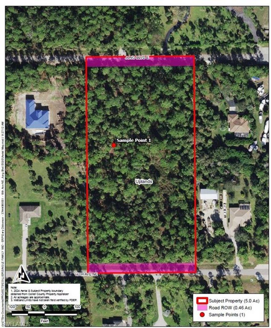 This outstanding 5-acre property is a true find, featuring 100% upland as confirmed by the attached environmental assessment. This lot offers peace of mind and prime location benefits with two entrances, one off of Jung Blvd E,(North Entrance) or 16th Ave NE (South Entrance). Keep the full 5 acres all to yourself or divide it into 2.5 acres lots, one north facing and one south.  Your dream estate home will be a short four-minute drive to popular spots like Publix, Dunkin' Donuts and a variety of other restaurants. Just down the road is the expansive Big Corkscrew Island Regional Park with its state-of-the-art Aquatics Center.

Please submit written offers only, accompanied by proof of funds.