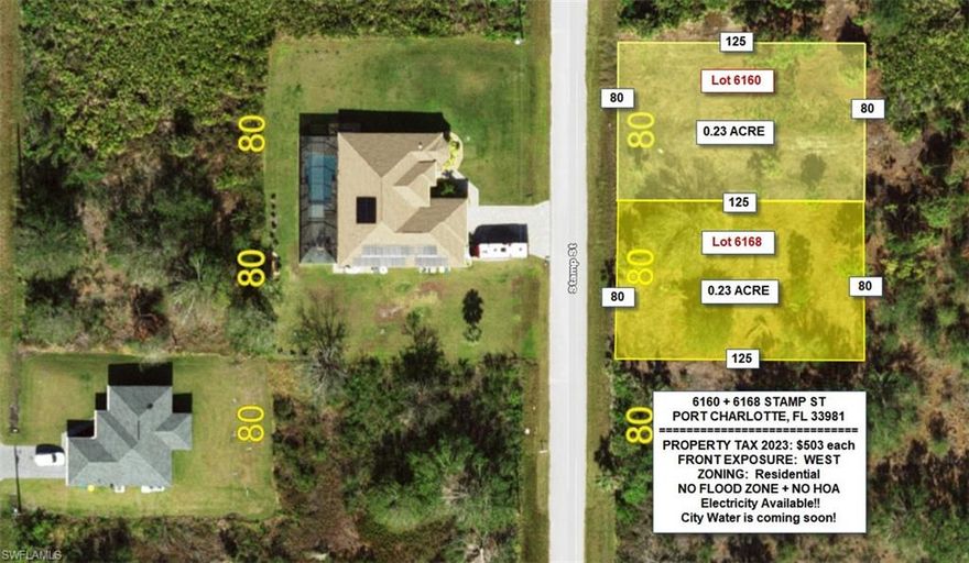 Potential HALF ACRE of vacant lot in this fast growing city of Port Charlotte. 2 QUARTER lots combine into HALF an acre lot, adjacent lot 6160 Stamp St is for sale by the same owner, package deal available and encouraged for $57,000.00 total. NO HOA, NO CDD, NO Flood, electricity is ready, city water is coming soon. Many new development is going up in the area, taxes are low, buy now before price goes higher and build later.