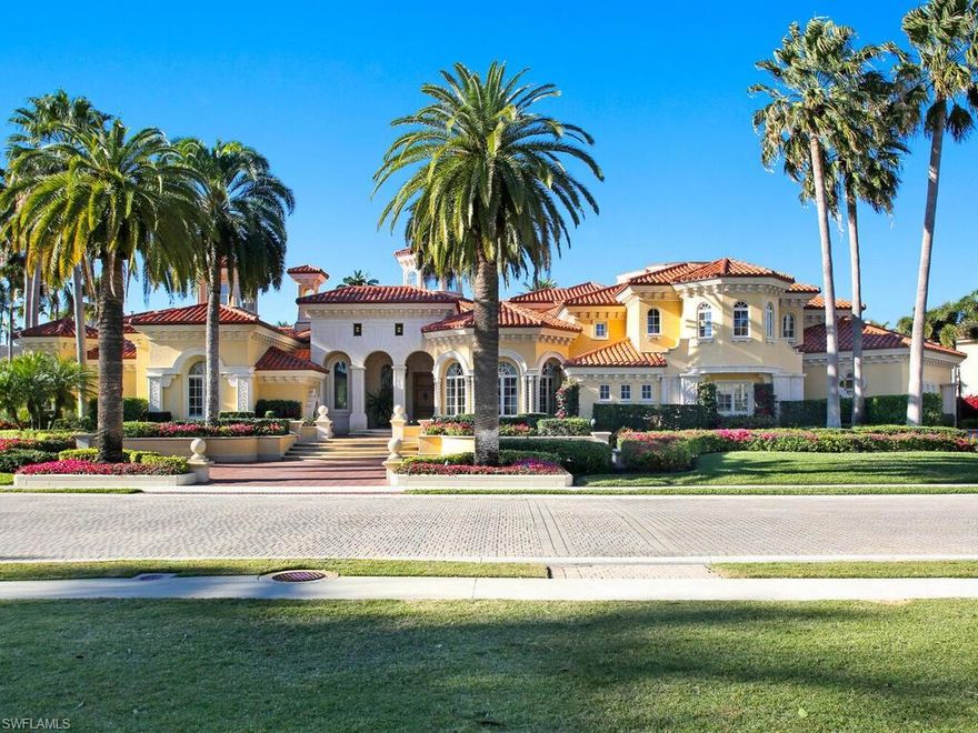 Presenting a Grand Mediterranean estate in “The Shores.” Located in the gated community of Bay Colony. This 11,938 sq. ft. home covers two lakefront lots and represents the highest level of materials and craftsmanship available at time of construction. The sprawling first floor consists of a master suite, massive sunken
living room with fireplace, formal dining room, theatre room, gourmet kitchen with dining area, laundry room, powder room and an office with dual workspaces. The second floor consists of three guest suites each with full baths, a seating area, a large outdoor balcony seating/sunning area and a bonus room. There is a separate two story guest cabana with two bedrooms, two full baths, and a seating area on the first floor. The second floor is a large open area with a full bath. Would make a nice game room. Drive into the expansive courtyard through the ornamental iron gates and you will be rewarded with every car collectors dream. An oversized six bay air conditioned “showroom” complete with 40 ft. glass pocketing doors looking onto the lake and pool gazebo. Yes, it has its own attached workshop/tool room and a separate model/trophy room ( 2500 sq. ft. in total.)