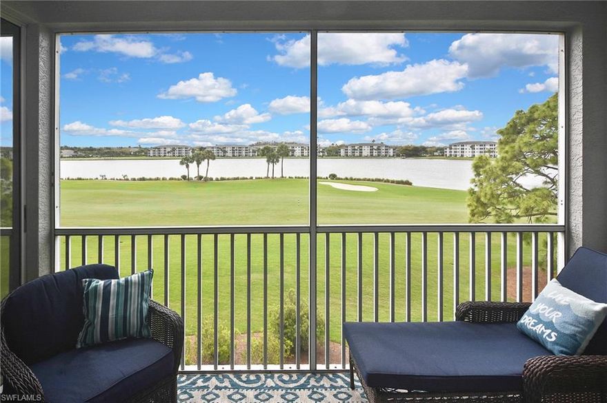 Welcome to this beautiful 2-bedroom, 2-bathroom TURNKEY condo located in the prestigious, bundled-golf community of Heritage Palms. This home is thoughtfully designed for both resort-style living and effortless entertaining.  The kitchen is complete with elegant granite countertops, sleek black stainless steel appliances (2020), and abundant extra storage. Enjoy the added luxury of a custom coffee and wine bar, including a wine refrigerator, along with a convenient built-in desktop workspace. The interior was enhanced in 2020 with custom plantation shutters, stunning new luxury vinyl plank (LVP) flooring, and new overhead lighting and ceiling fans - complemented by vibrant coastal Southwest Florida hues of blue and orange that create a warm, inviting atmosphere. The beautifully-appointed primary suite features two walk-in closets and a private entrance to the lanai. The guest bedroom is sure to delight visitors, serving as a serene and inviting retreat with a soothing palette, generous closet space, and convenient access to a full bath. Both bathrooms are bright and spacious, showcasing cheerful Gulf Coast-inspired hues that enhance the light, airy feel and bring a refreshing charm to these spaces. Step out onto your southward-facing lanai for breathtaking, unobstructed views of the lake, fountain, and golf course—an ideal setting for morning coffee or evening relaxation. This exceptional condo offers the perfect blend of style, functionality, and scenic beauty. Enjoy an active and elevated lifestyle in this gated neighborhood with two 18-hole, championship golf courses, 8 Har-Tru tennis courts, pickleball and 9 community pools - or simply take in the Florida sunshine and relax at the new Oasis/Tiki Bar and Restaurant next to the resort pool and spa.  Welcome home to paradise!