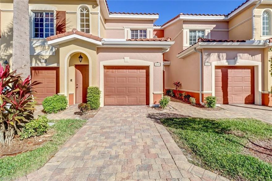 This first floor 2 bedroom 2 bath condominium features hurricane impact glass windows and sliders, granite counters in the kitchen/baths, and an attached garage. Situated on a private garden view home site this building has an ideal location with lots of foliage, guest parking, and is located just a short walk to one of the two resort style pools. Upgraded tile throughout the main living area and bedrooms (no carpet), upgraded backsplash, and tiled oversized screened lanai are just some of the features that need to be seen to be appreciated. Villagio is an amenity rich 24 hour man gated community in the heart of Estero! LOW HOA fees of $390/mo include water, Xfintiy X1 cable package with voice remotes and DVR, high speed internet, and more! Community offers multiple swimming pools, hot tub, tennis/pickleball, movie theater, fitness center, on-site property management, library, and community Cafe with a full menu open 7 days a week!