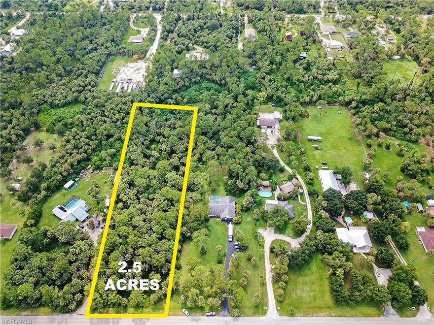 Build your dream home on land that has an "Old Florida" feel! Enjoy living in this country setting on 2.5 acres of land that offers plenty of room for everyone, yet still live close to all of the conveniences of city life. Situated in a growing are of Naples in a no HOA neighborhood with little restrictions. You can build the home of your dreams and still have enough room on your property for all of your toys, OR you can take advantage of an investment opportunity by building a Spec Home. Zoned Vacant Residential, located on a paved road, and offering a wonderful private setting surrounded by custom built single family homes that are situated on 2.5-/+ acres. This area of Golden Gate Estates has easy access to I-75, Ave Maria, and lots of shopping & dining options.