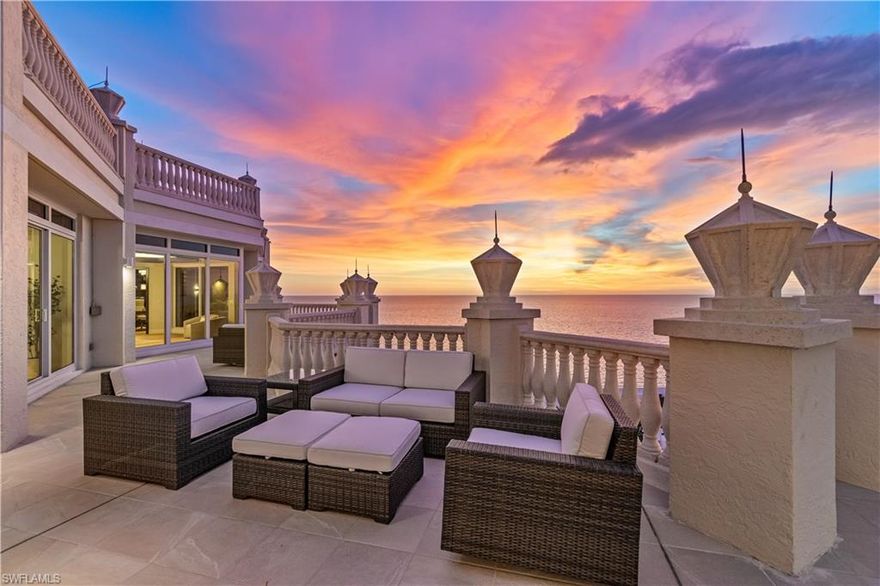An extraordinary offering in the heart of Park Shore, Penthouse 14 at The Brittany presents a rare opportunity to own a one-of-a-kind residence with 4 bedrooms + den, 6,435 square feet of interior living space, and 1,950 square feet of wraparound balcony showcasing panoramic views of the Gulf, Venetian Bay, and Naples skyline. Thoughtfully curated by UpVail and Architectural Wood Expressions with a level of craftsmanship seldom seen, the home features hand-selected European select-grade White Oak flooring, dry-laid quartzite and marble surfaces, grain-matched custom European millwork, and Level 5 finishes throughout. Built with 5/8-inch drywall and mineral wool insulation for enhanced structural integrity, sound attenuation, and climate control, the residence also offers invisible audio speakers, a Control4 smart system, ultra-clear shower enclosures, Samuel Heath plumbing fixtures, Emtek hardware, and a full suite of Miele appliances. Distinctive highlights include a water vapor fireplace in the clubroom, electric fireplace in the primary suite, and countertops custom-fabricated in Chicago with precision installation. Additional features include private key-secure elevator entry, three deeded parking spaces, a finished deeded cabana, and an air-conditioned storage room at the garage level. The residence also enjoys exclusive rooftop access—a rare and valuable amenity offering a blank canvas for a future floating deck, spa, sun lounge, or pet area with synthetic turf. Offered fully furnished with a refined, designer-curated furnishings package, this turnkey residence delivers an elevated lifestyle in every detail. Residents of The Brittany enjoy resort-style beachfront amenities including a pool and spa, tennis courts, fitness center, guest suites, 24-hour security, and immediate proximity to Venetian Village. Boat slip leasing or purchase at the Venetian Yacht Club is also available, completing a truly exceptional coastal living experience.