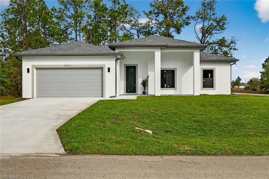 Welcome to this stunning brand-new construction home in the heart of Lehigh Acres, thoughtfully designed with space, comfort, and modern elegance in mind. Offering 4 bedrooms and 3 full bathrooms, this home features a bright and open floor plan with a huge living area that is perfect for both everyday living and entertaining. Elegant coffered ceilings highlight the living room and continue into the main primary bedroom, adding architectural detail and a luxury feel throughout the home.

One of the standout features is the dual primary suite layout, ideal for multi-generational living, extended family, or guests. The main primary bathroom is beautifully appointed with a double vanity and a spacious walk-in shower, creating a relaxing retreat. All bedrooms are generously sized and designed with functionality and comfort in mind.

The modern kitchen is a true centerpiece, featuring stainless steel appliances, ample cabinet space, and a layout that flows seamlessly into the main living area. Whether hosting gatherings or enjoying quiet evenings at home, this kitchen is designed to impress.

Step outside to the screened-in lanai and enjoy the Florida lifestyle year-round, offering a comfortable outdoor space for relaxing or entertaining while staying protected from the elements. Additional features include hurricane impact windows and doors for added safety and energy efficiency, a lawn sprinkler system, and a 2-car garage providing plenty of storage and parking.

Conveniently located close to shopping, dining, schools, and major roadways, this move-in-ready new construction home combines quality craftsmanship with modern design. Don’t miss the opportunity to make this beautiful Lehigh Acres home yours.