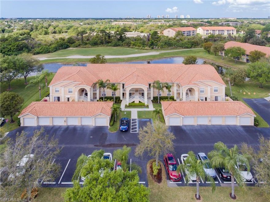 Adorable & stylish Bermuda Links Condo is located in the heart of Bonita Springs a mile or so east of US 41 in Bonita Fairways Gated, Golf & Tennis Community, and just minutes away from shopping, dining, & some of Florida’s loveliest beaches. Great News! The golf course is public, owned by the Association, no ownership fees, nor assessments. Be certain to visit Bonita Fairways other manicured grounds and beautiful amenities: club house w/ meeting room &  fitness center, tennis, pickle ball & bocce ball courts.  All this is in addition to the private Bermuda Links pools & fitness center.  Built in 2005 this unit was rarely used; it is pristine & move in ready w/ a flowing split bedroom floorplan featuring, 2 bedrms, an office/den study (or convert to 3rd bedroom), 2 full baths, breakfast nook, inside laundry & screened lanai.  The garage is perfect for car & storage, & the first-floor setting makes easy an enjoyable view of the golf course water feature, hilarious sand trap. & extraordinary sunset vistas. Pet lovers cheer as small dogs & cats are allowed. Not ready today for full retirement? This unit can offset carrying costs.  Rentals allowed- 5 x yearly, at 30-day min..